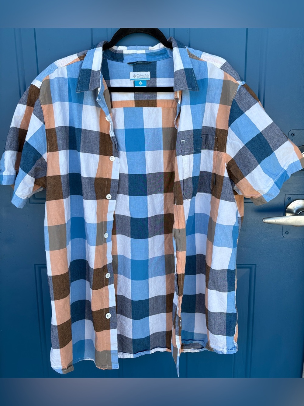 Columbia Men’s Short Sleeve Plaid Button-Up - Blue, Brown & White - Picture 2 of 16